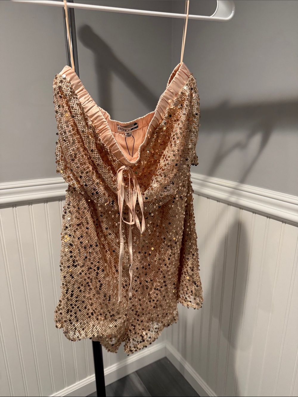 Sequin Spaghetti-Strap romper in Blush